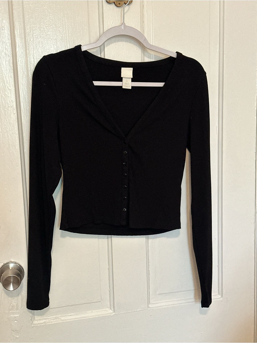 H&M Black Ribbed Button-Front Long Sleeve Top